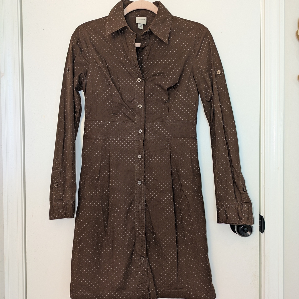 Merona Brown Polka Dot Pattern Long Sleeve Button Down Collared Dress